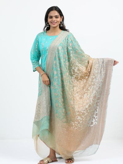 Pure Chiffon Sona Rupa Zari Double Blue and Beige Shaded Ombre Dupatta with Ornate Border