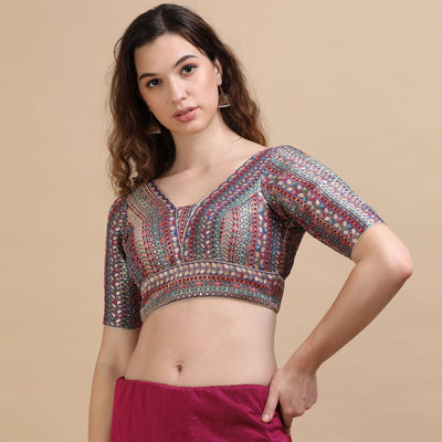 Multicolor Brocade V-Neck Saree Blouse