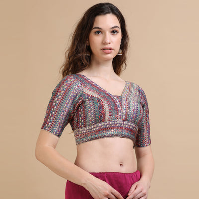 Multicolor Brocade V-Neck Saree Blouse