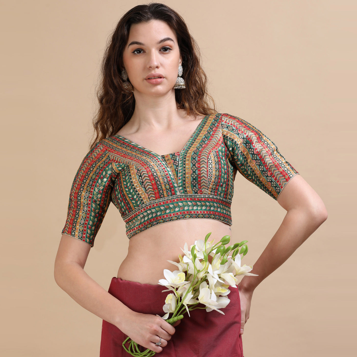 Multicolor Brocade V-Neck Saree Blouse