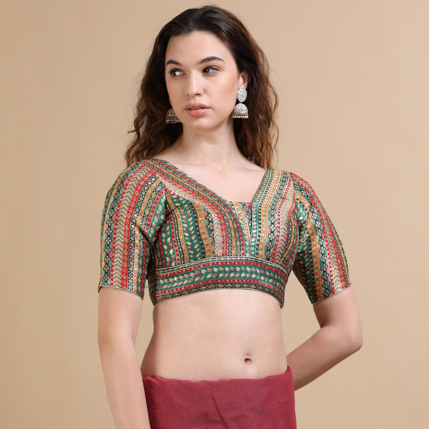 Multicolor Brocade V-Neck Saree Blouse