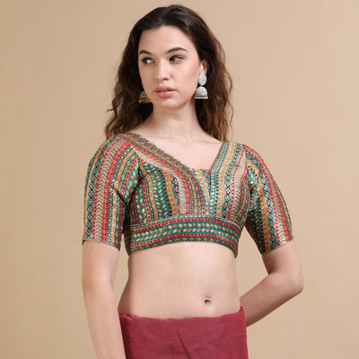 Multicolor Brocade V-Neck Saree Blouse