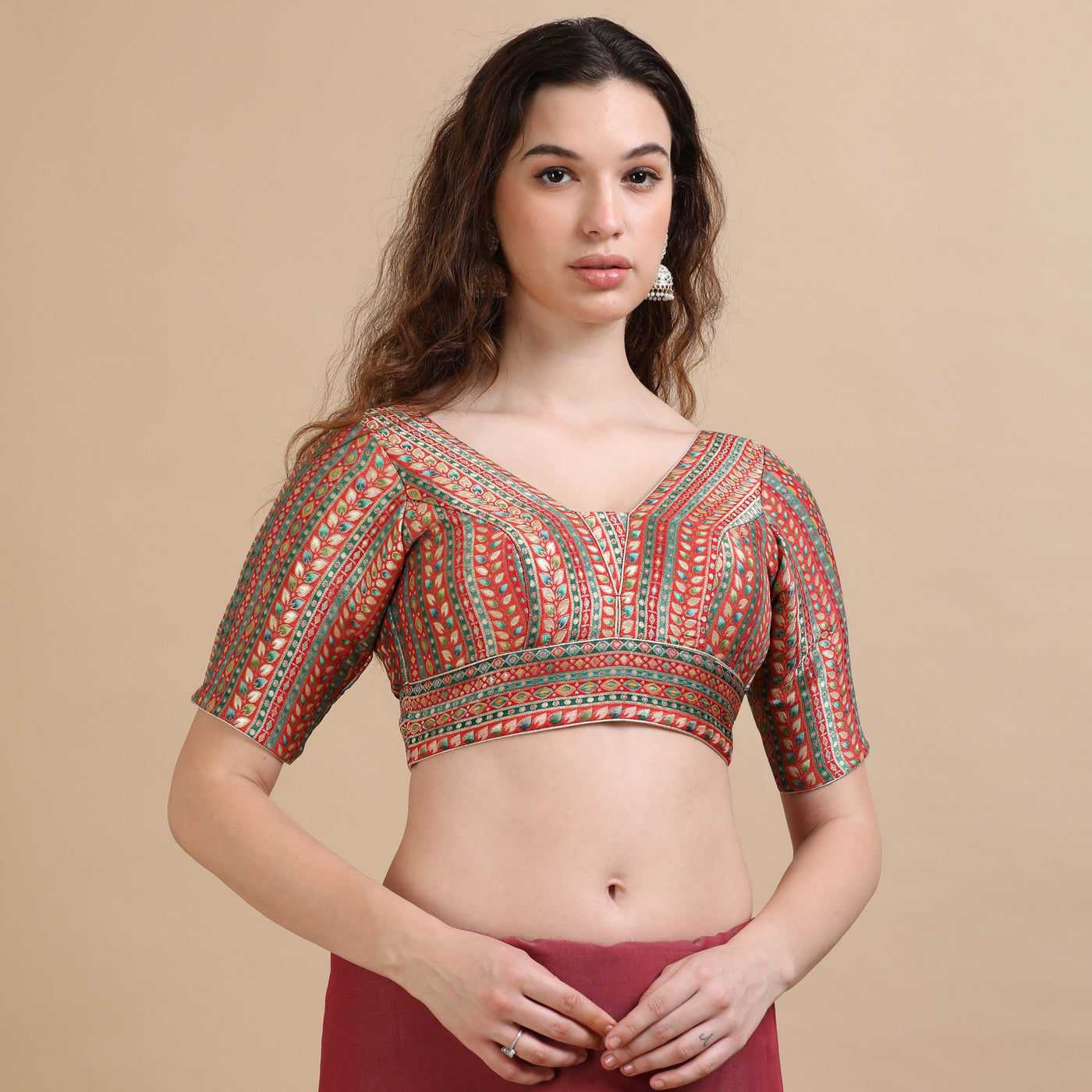 Multicolor Brocade V-Neck Saree Blouse