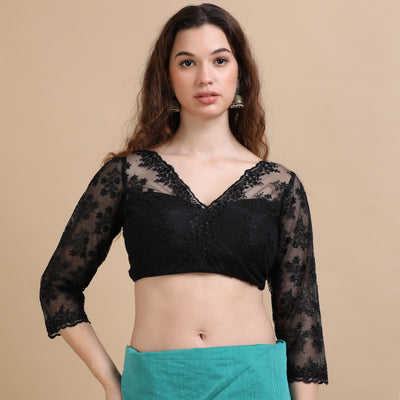 Black Embroidered Net Blouse