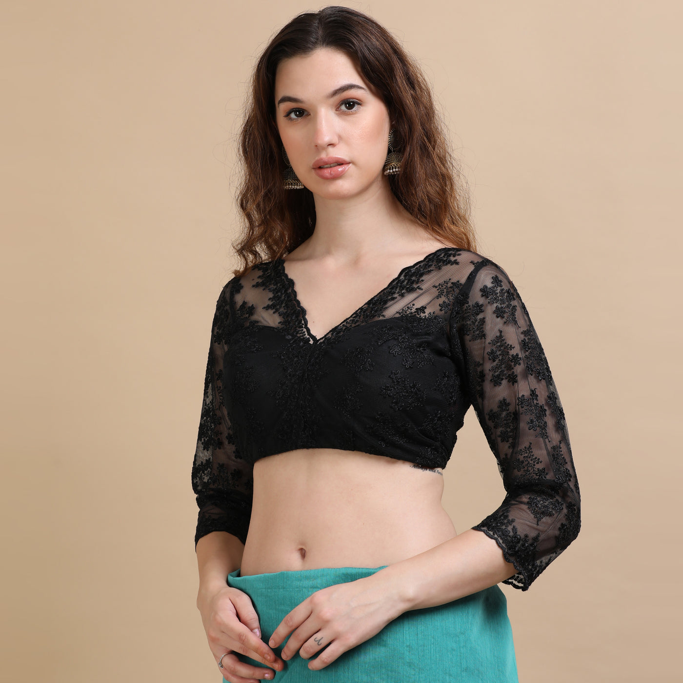 Black Embroidered Net Blouse