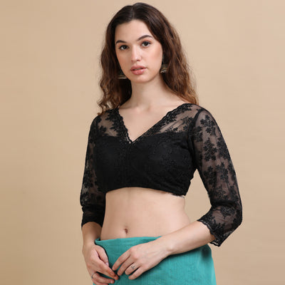 Black Embroidered Net Blouse