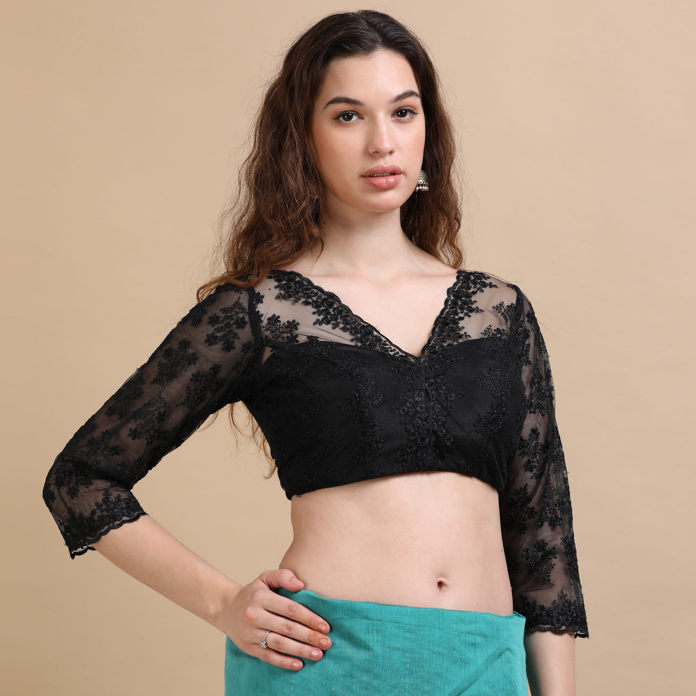 Black Embroidered Net Blouse