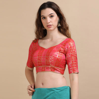 Red and Pink Banarasi Jacquard Blouse