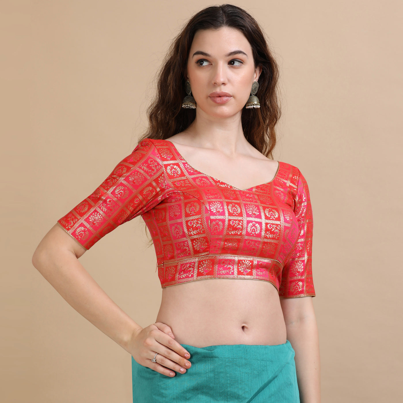 Red and Pink Banarasi Jacquard Blouse