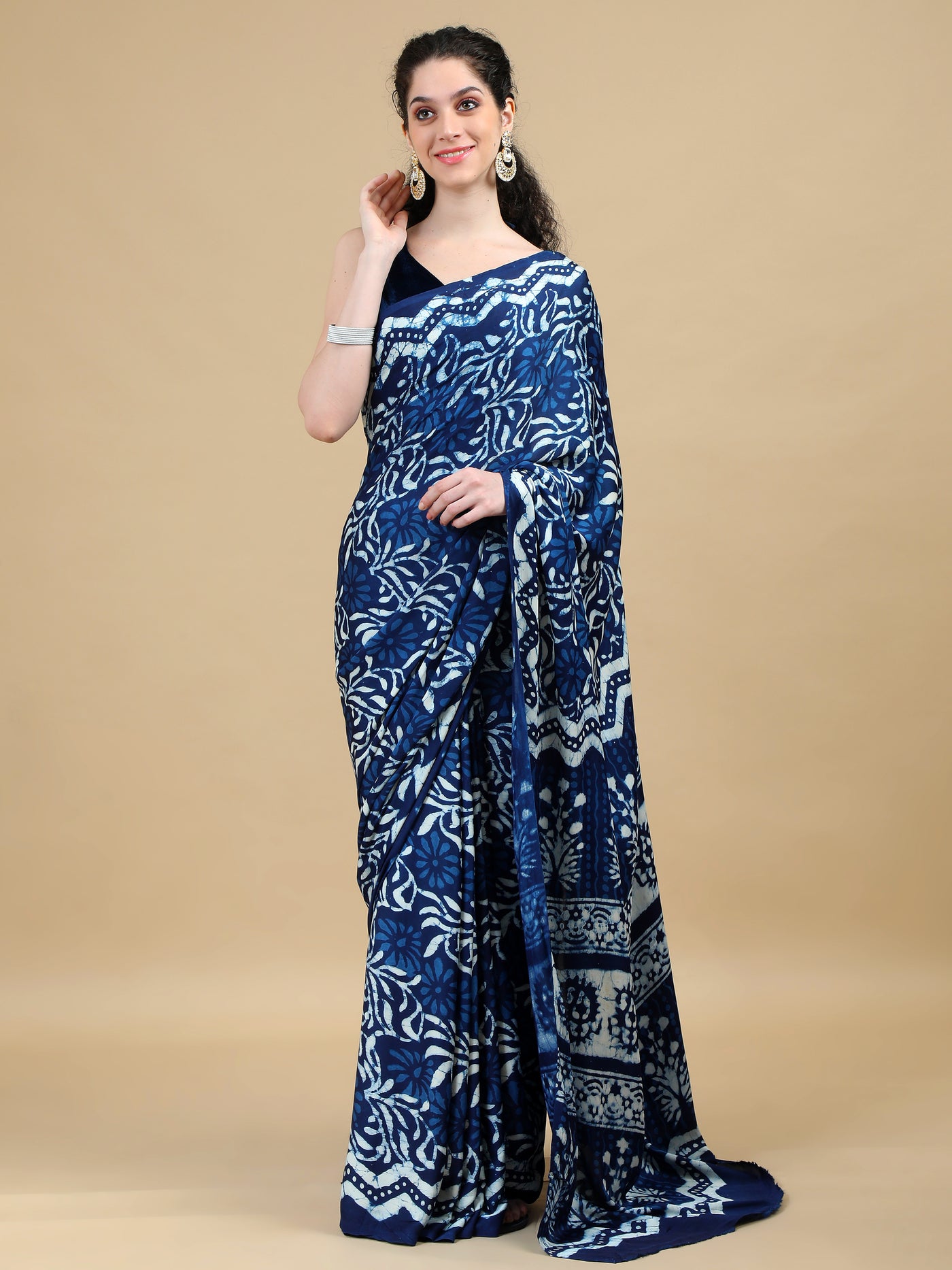 Stunning Indigo Ajrakh Hand Block Print on Modal Silk Saree