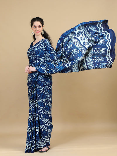 Stunning Indigo Ajrakh Hand Block Print on Modal Silk Saree