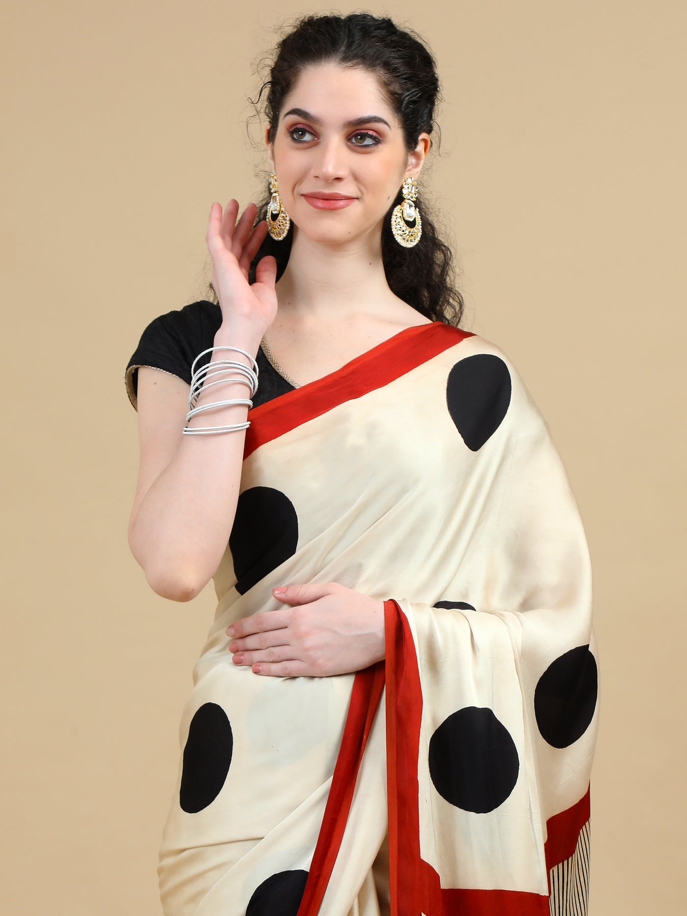 Modal Silk Cream Ajrak Saree with Bold Black Polka Dots and Stripes