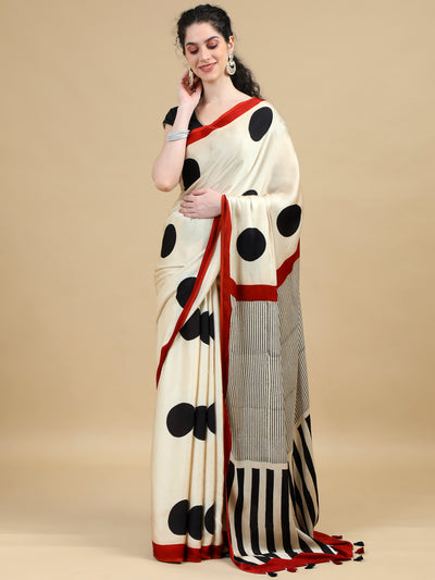 Modal Silk Cream Ajrak Saree with Bold Black Polka Dots and Stripes