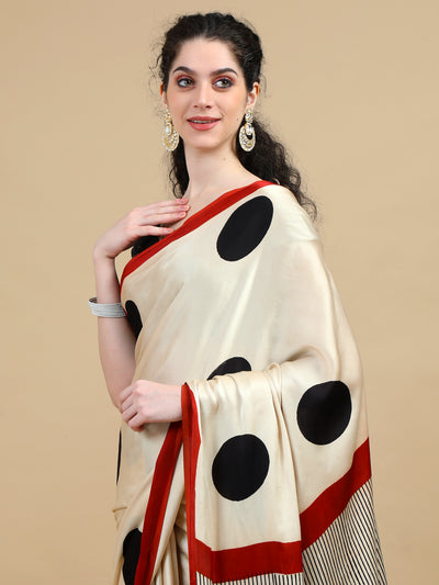 Modal Silk Cream Ajrak Saree with Bold Black Polka Dots and Stripes