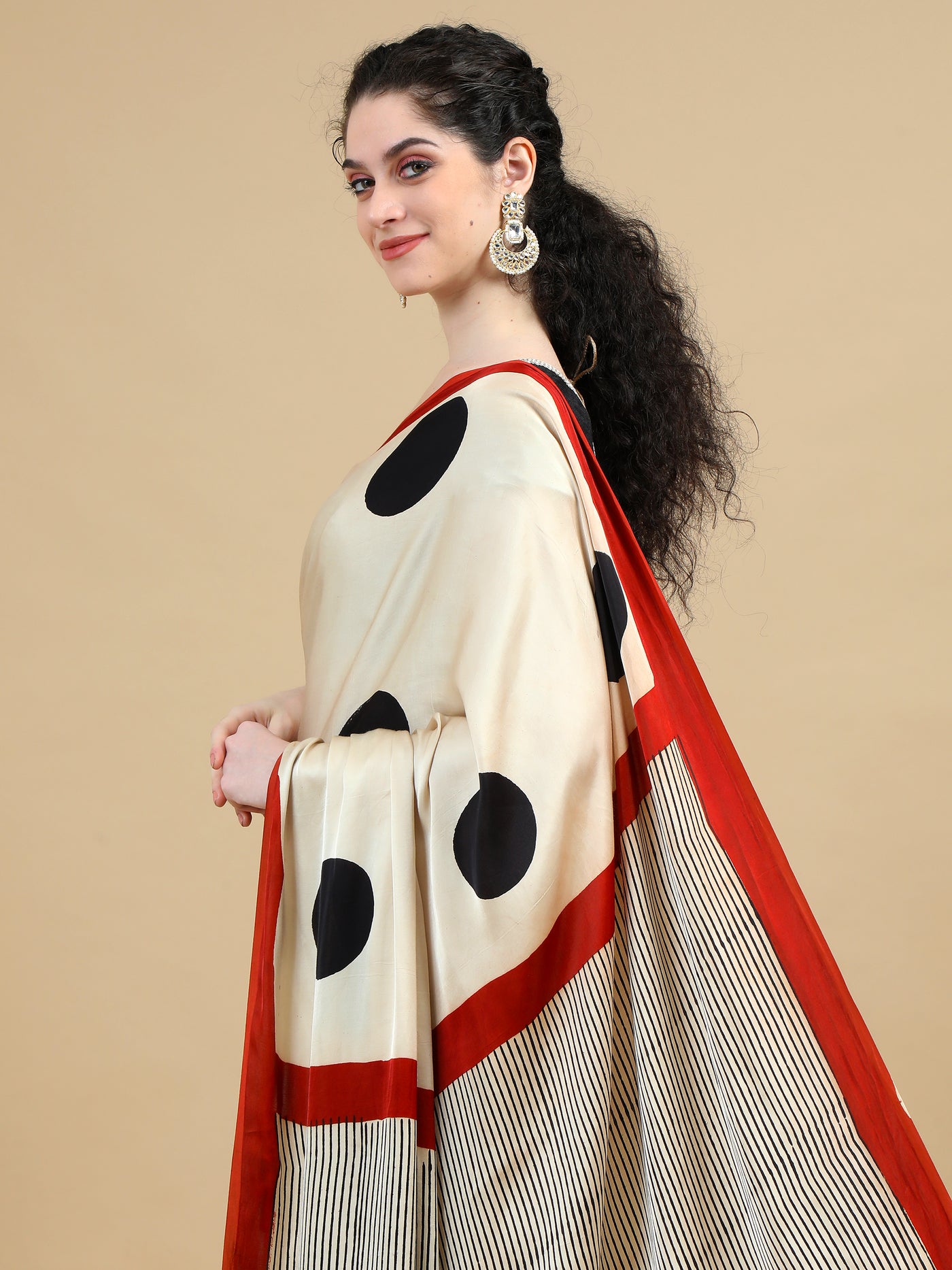 Modal Silk Cream Ajrak Saree with Bold Black Polka Dots and Stripes