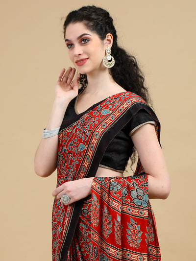 Rust Red Floral Hand Block Print  Ajrak Saree with Black Border