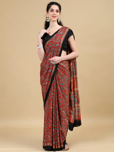 Rust Red Floral Hand Block Print  Ajrak Saree with Black Border