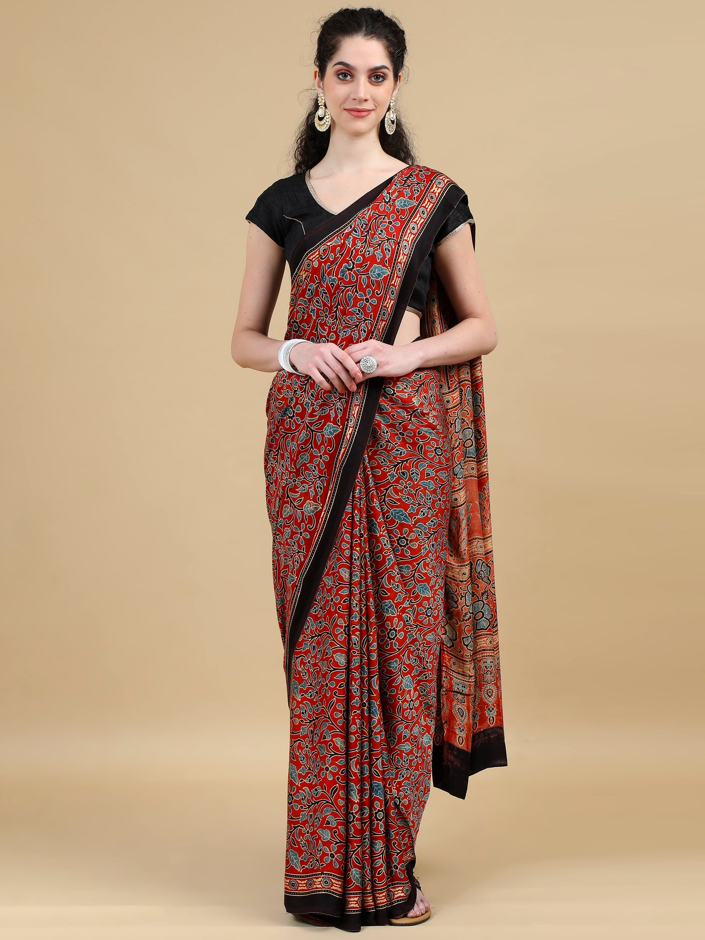 Rust Red Floral Hand Block Print  Ajrak Saree with Black Border