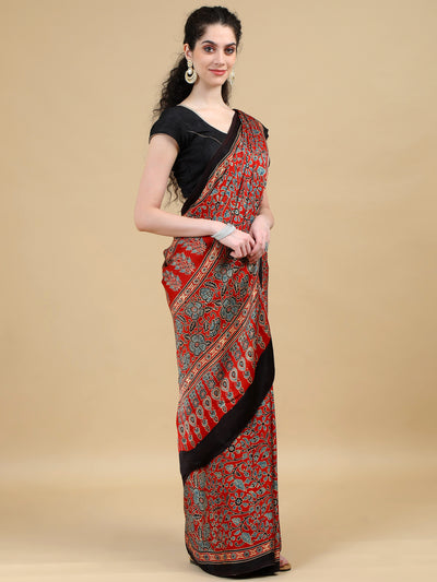 Rust Red Floral Hand Block Print  Ajrak Saree with Black Border