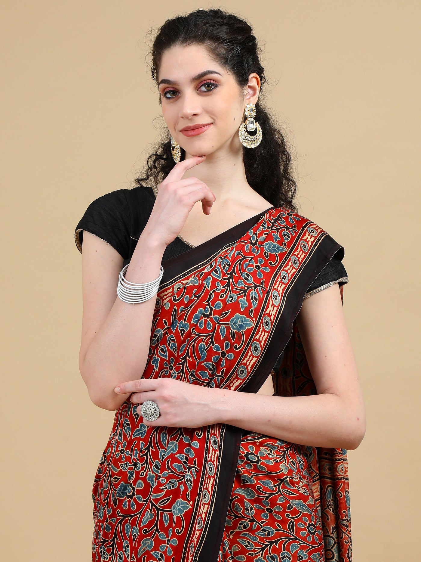 Rust Red Floral Hand Block Print  Ajrak Saree with Black Border