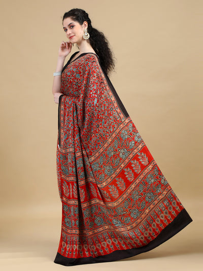 Rust Red Floral Hand Block Print  Ajrak Saree with Black Border