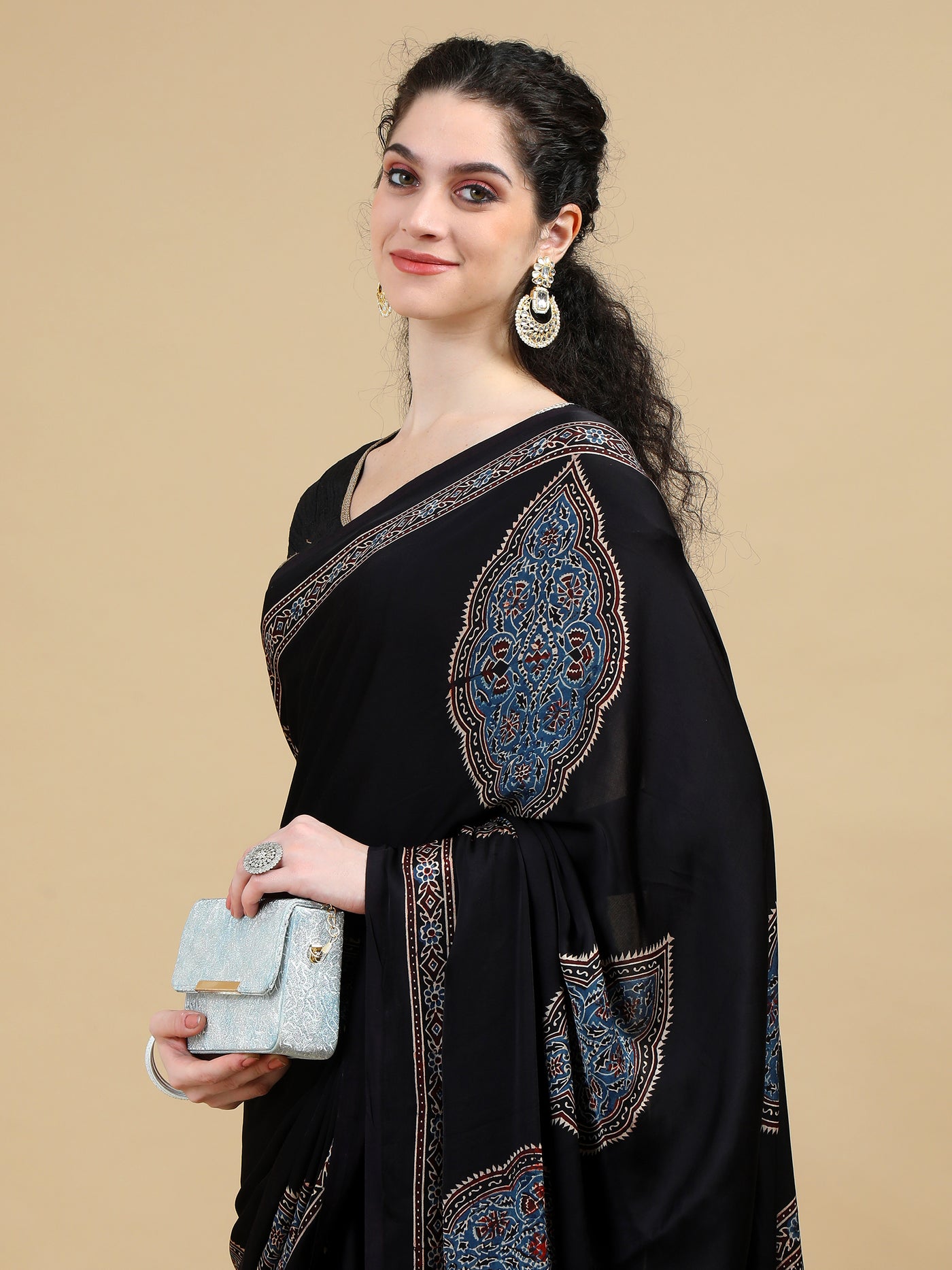 Ajrak Black Hand Block Printed Modal Silk Saree