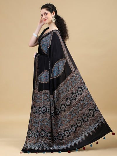 Ajrak Black Hand Block Printed Modal Silk Saree