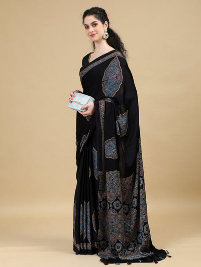 Ajrak Black Hand Block Printed Modal Silk Saree