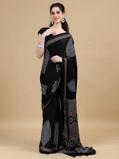 Ajrak Black Hand Block Printed Modal Silk Saree