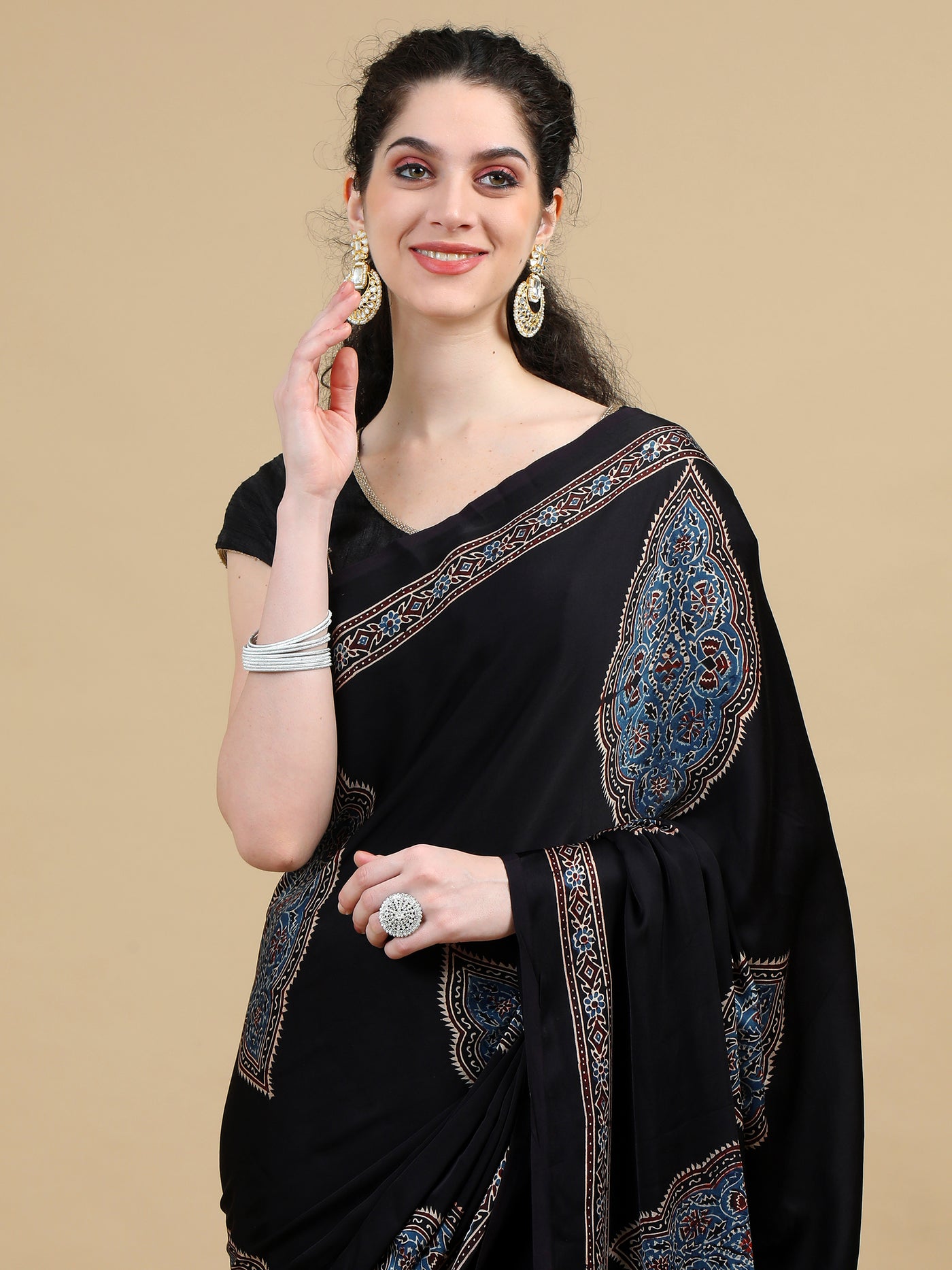 Ajrak Black Hand Block Printed Modal Silk Saree