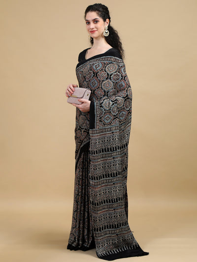 Hand Block Printed Ajrak Black Modal Silk Saree