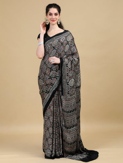 Hand Block Printed Ajrak Black Modal Silk Saree