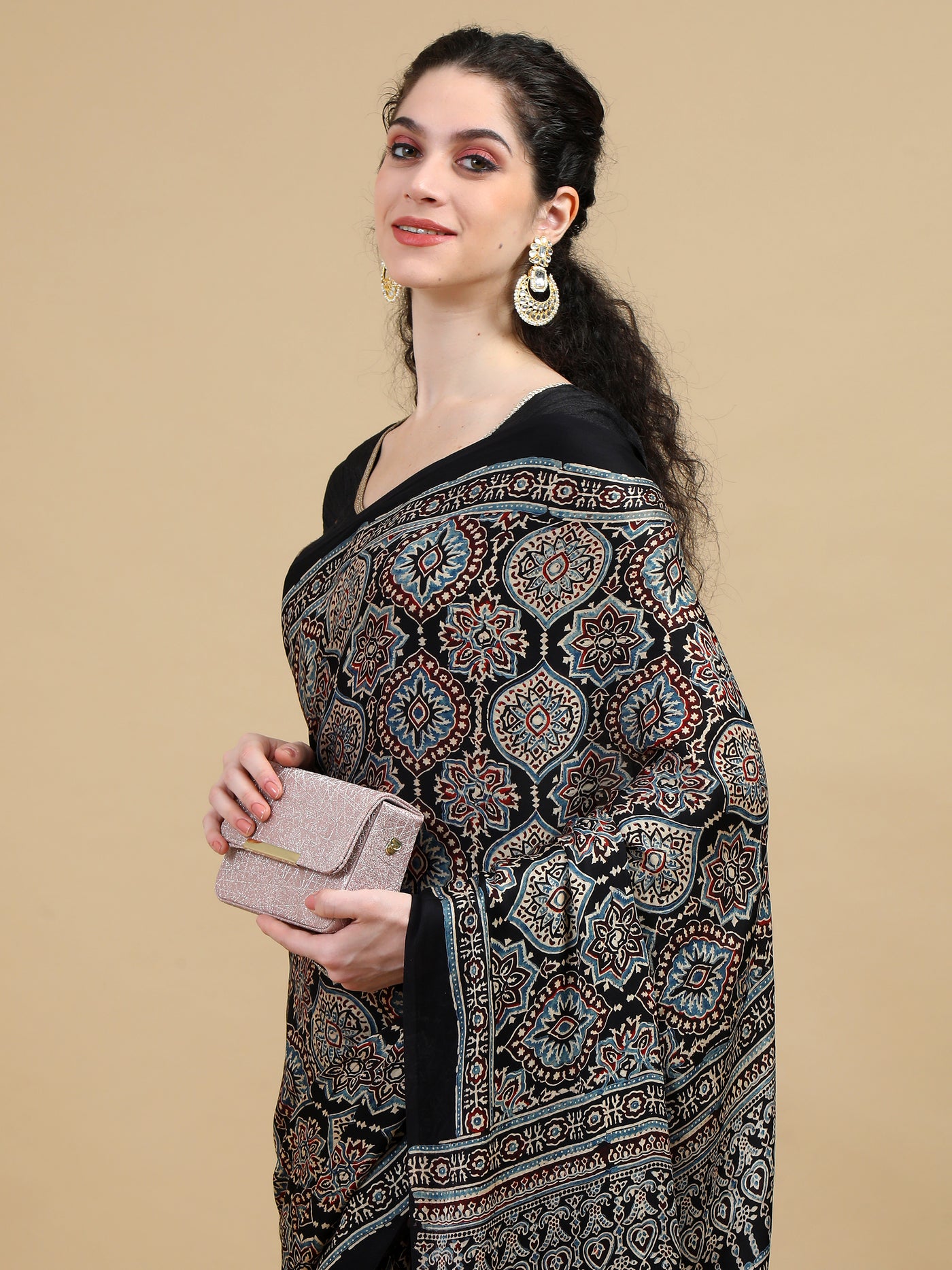 Hand Block Printed Ajrak Black Modal Silk Saree