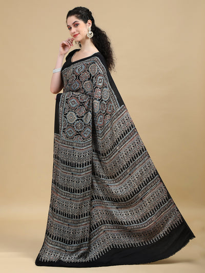 Hand Block Printed Ajrak Black Modal Silk Saree