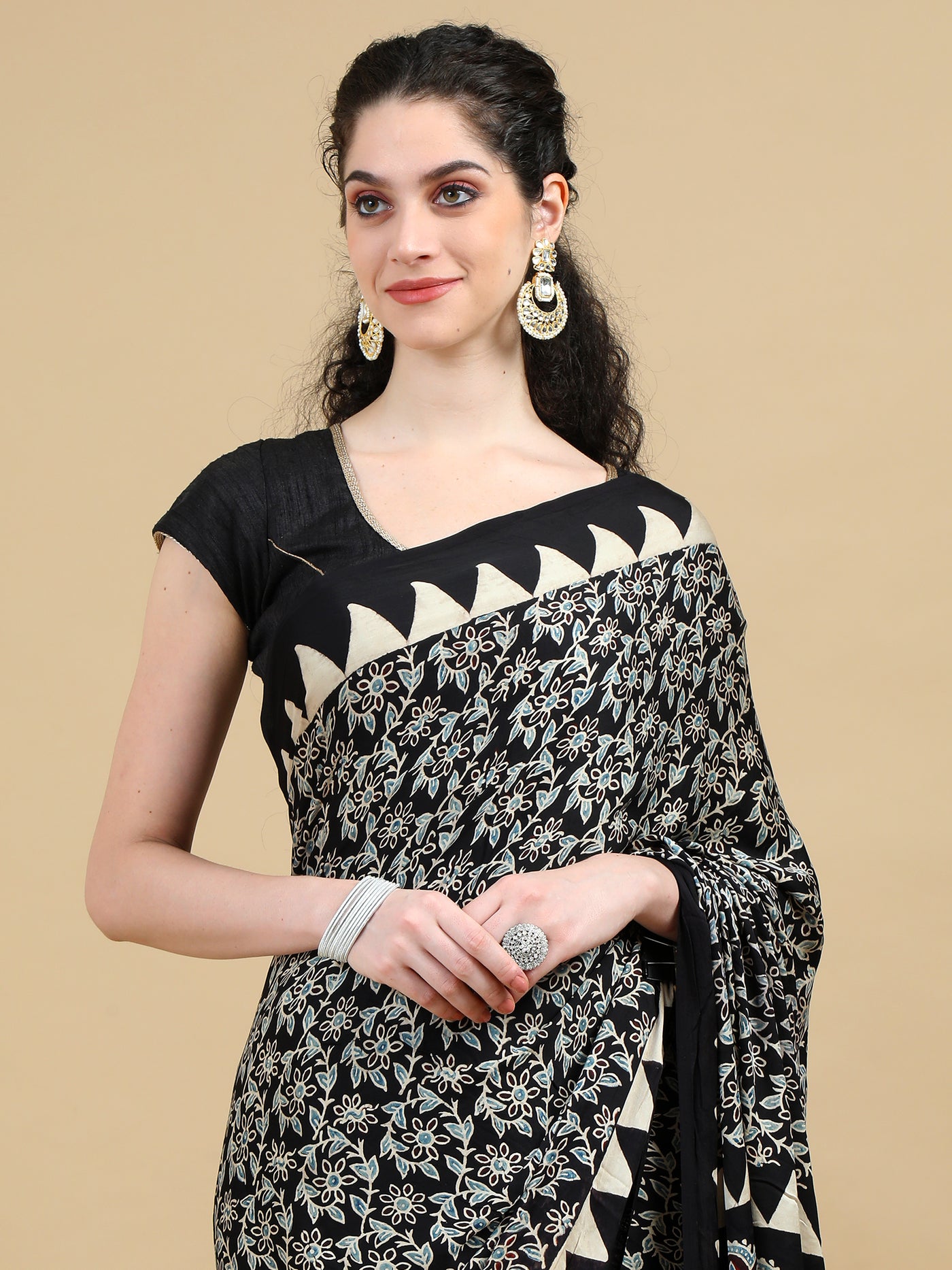 Ajrak Black Floral Hand Block Print Modal Silk Saree