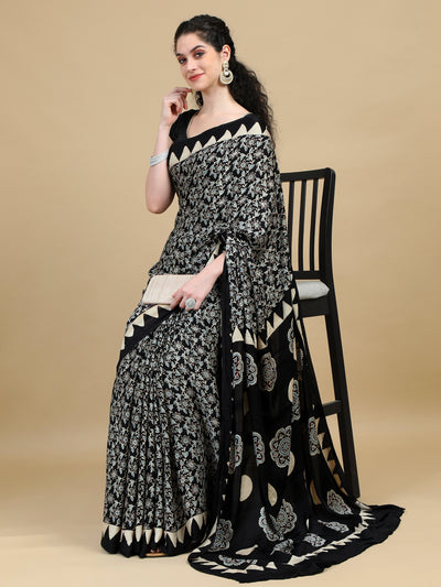 Ajrak Black Floral Hand Block Print Modal Silk Saree