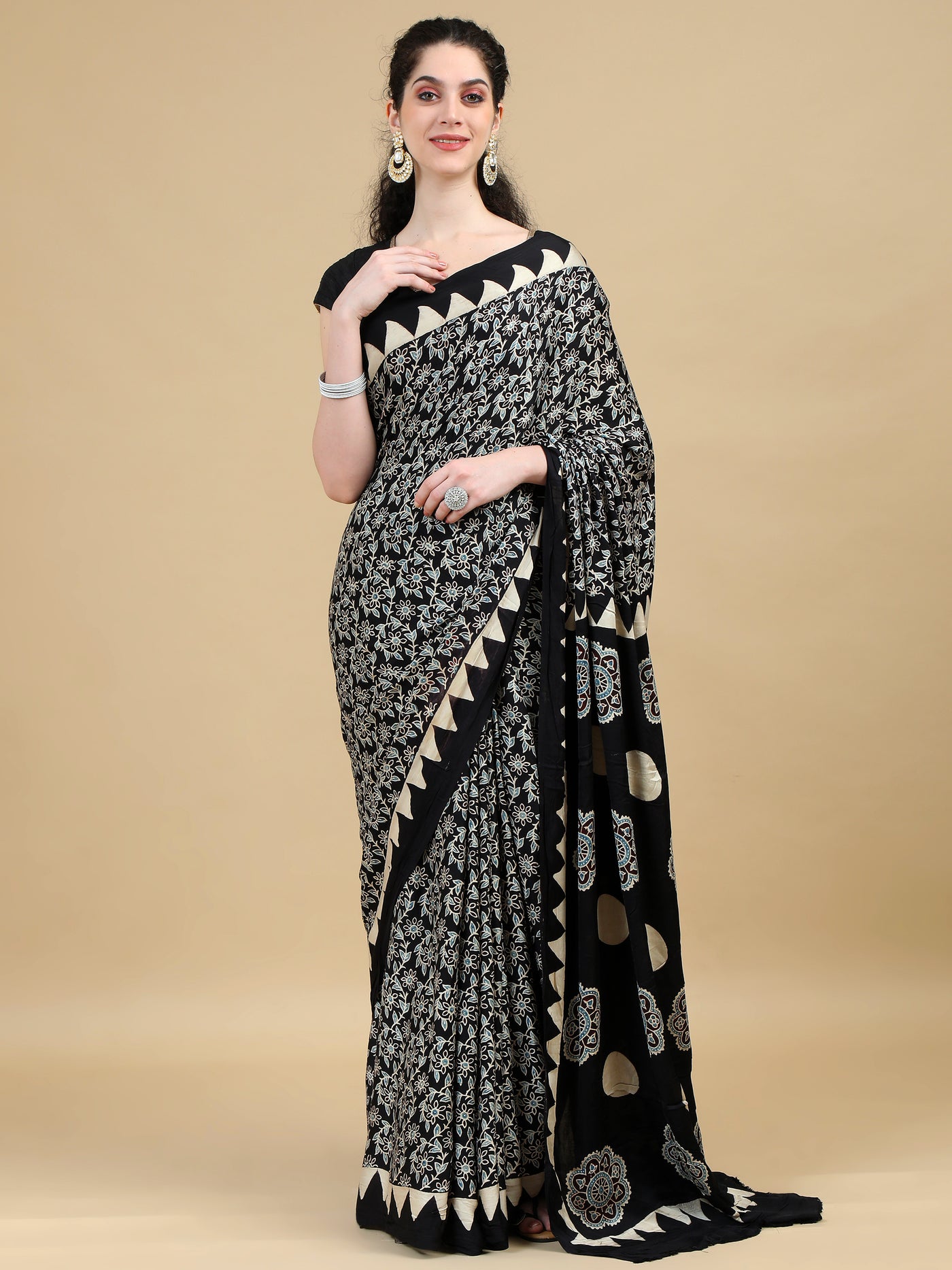 Ajrak Black Floral Hand Block Print Modal Silk Saree