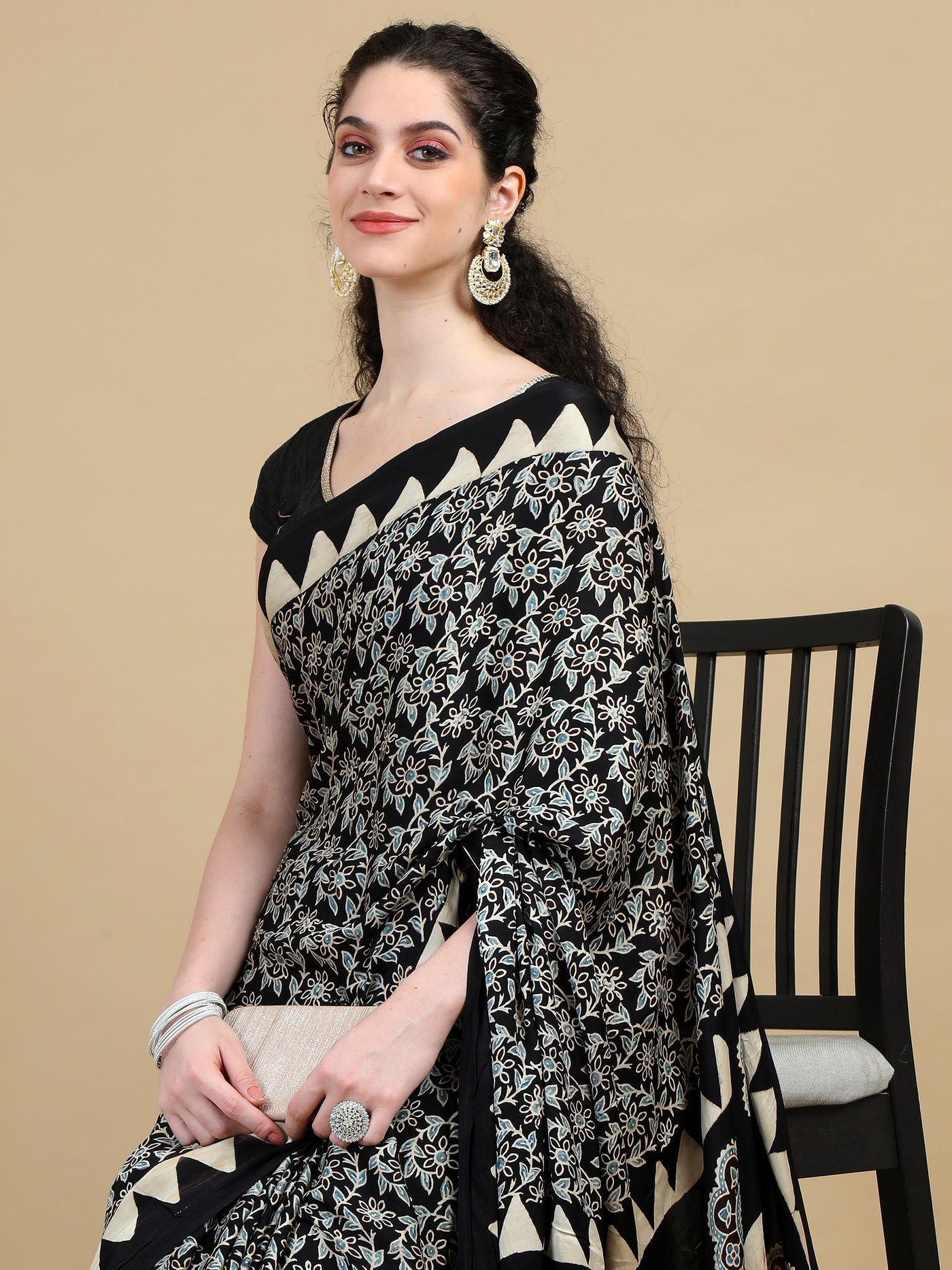 Ajrak Black Floral Hand Block Print Modal Silk Saree