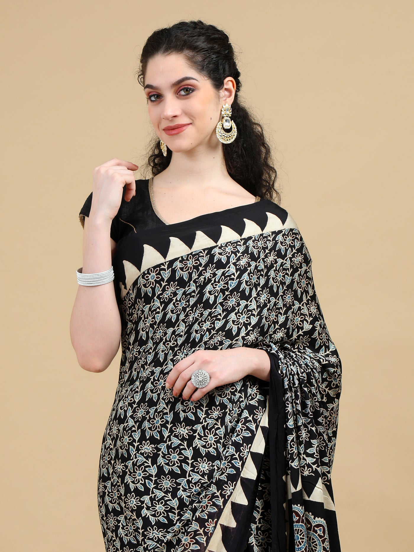 Ajrak Black Floral Hand Block Print Modal Silk Saree