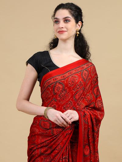 Ajrak Red Hand Block Printed Modal Silk Saree