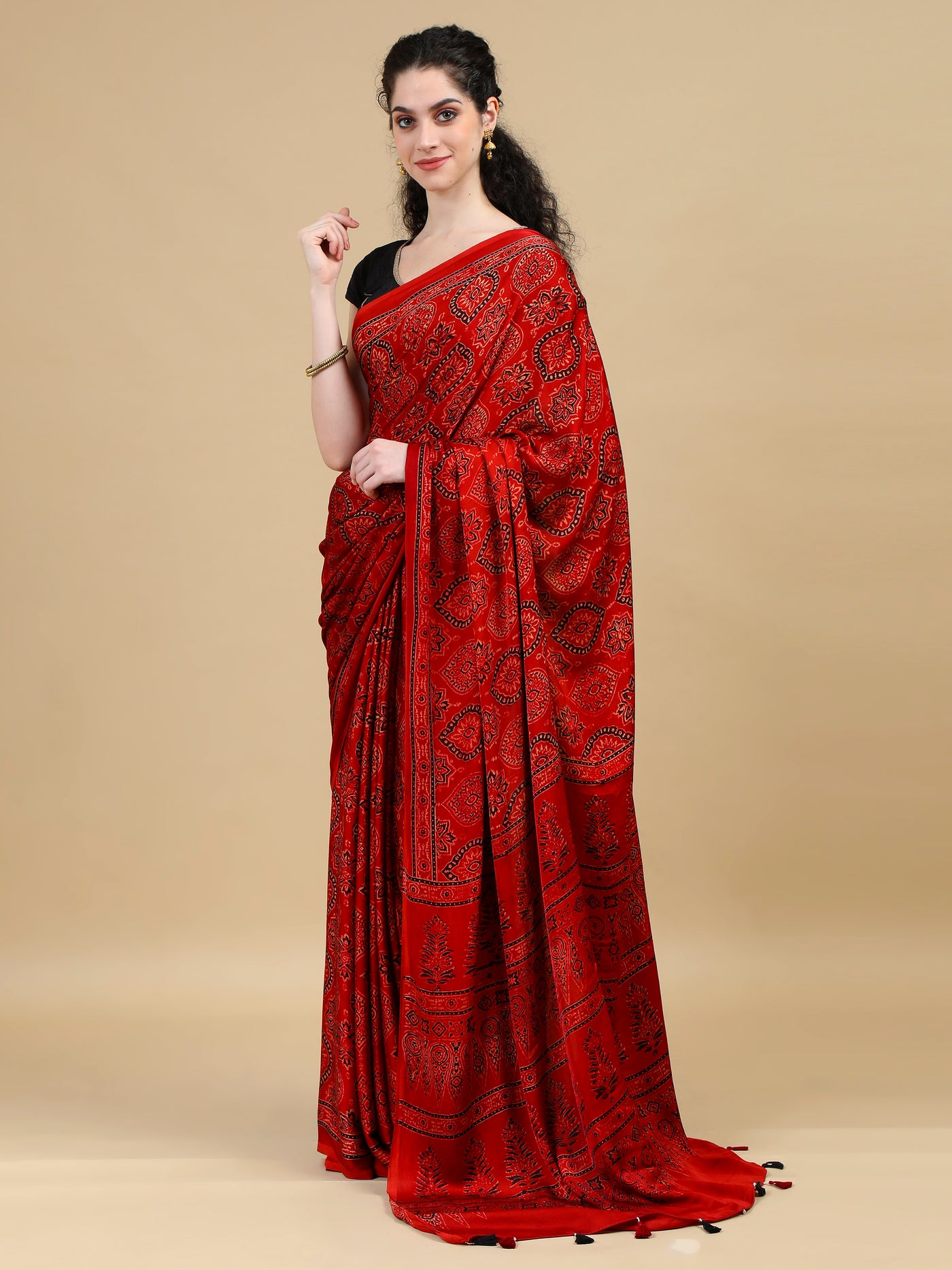 Ajrak Red Hand Block Printed Modal Silk Saree