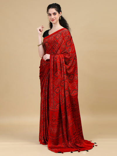 Ajrak Red Hand Block Printed Modal Silk Saree