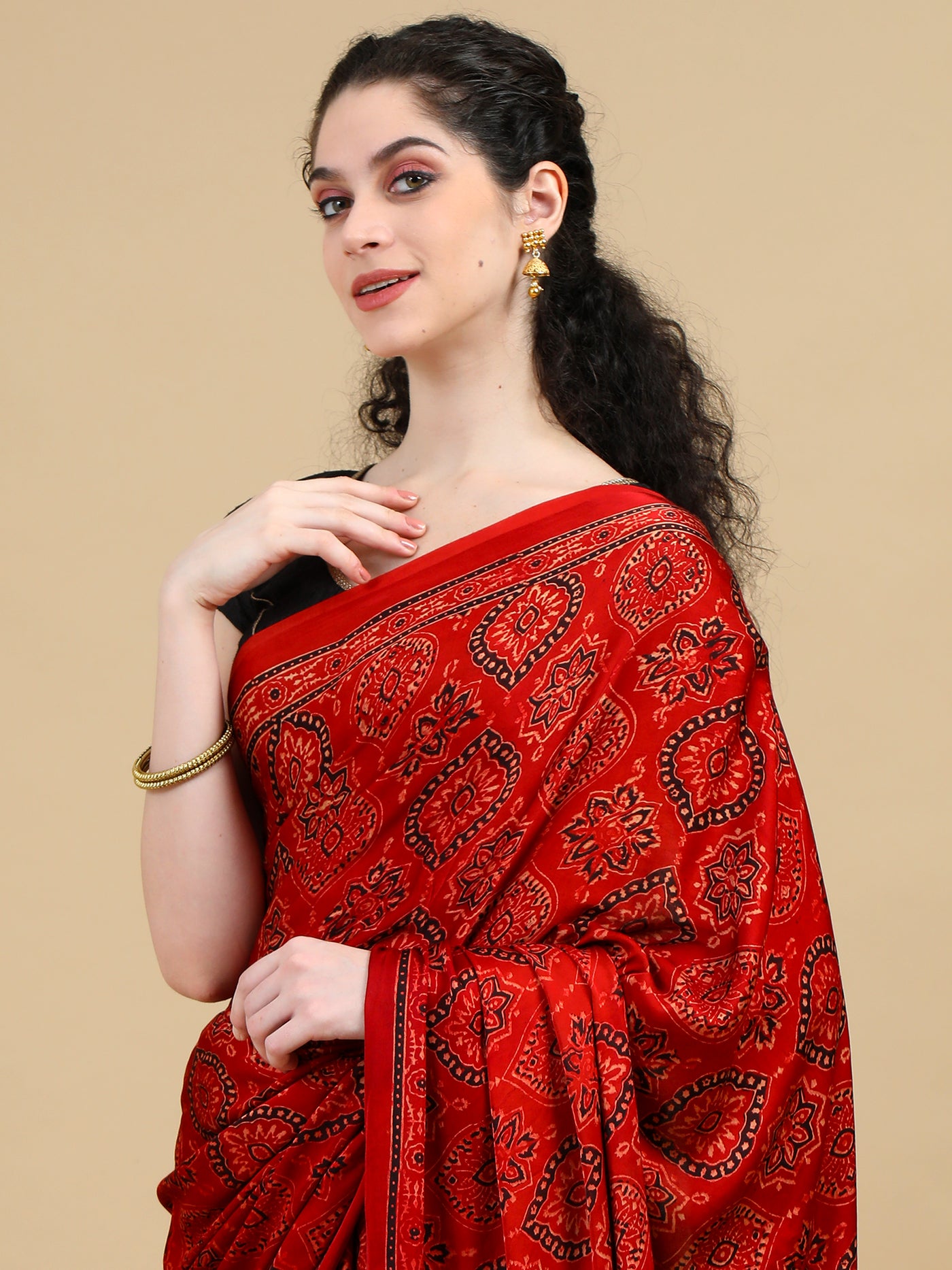 Ajrak Red Hand Block Printed Modal Silk Saree