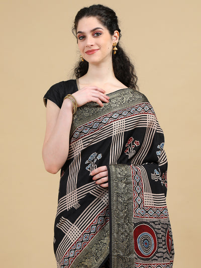 Ajrak Black Hand Block Printed Dola Silk Saree with Floral and Geometric patterns