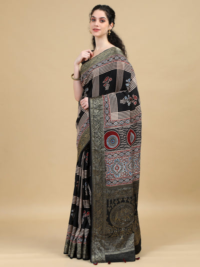 Ajrak Black Hand Block Printed Dola Silk Saree with Floral and Geometric patterns