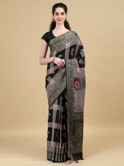 Ajrak Black Hand Block Printed Dola Silk Saree with Floral and Geometric patterns