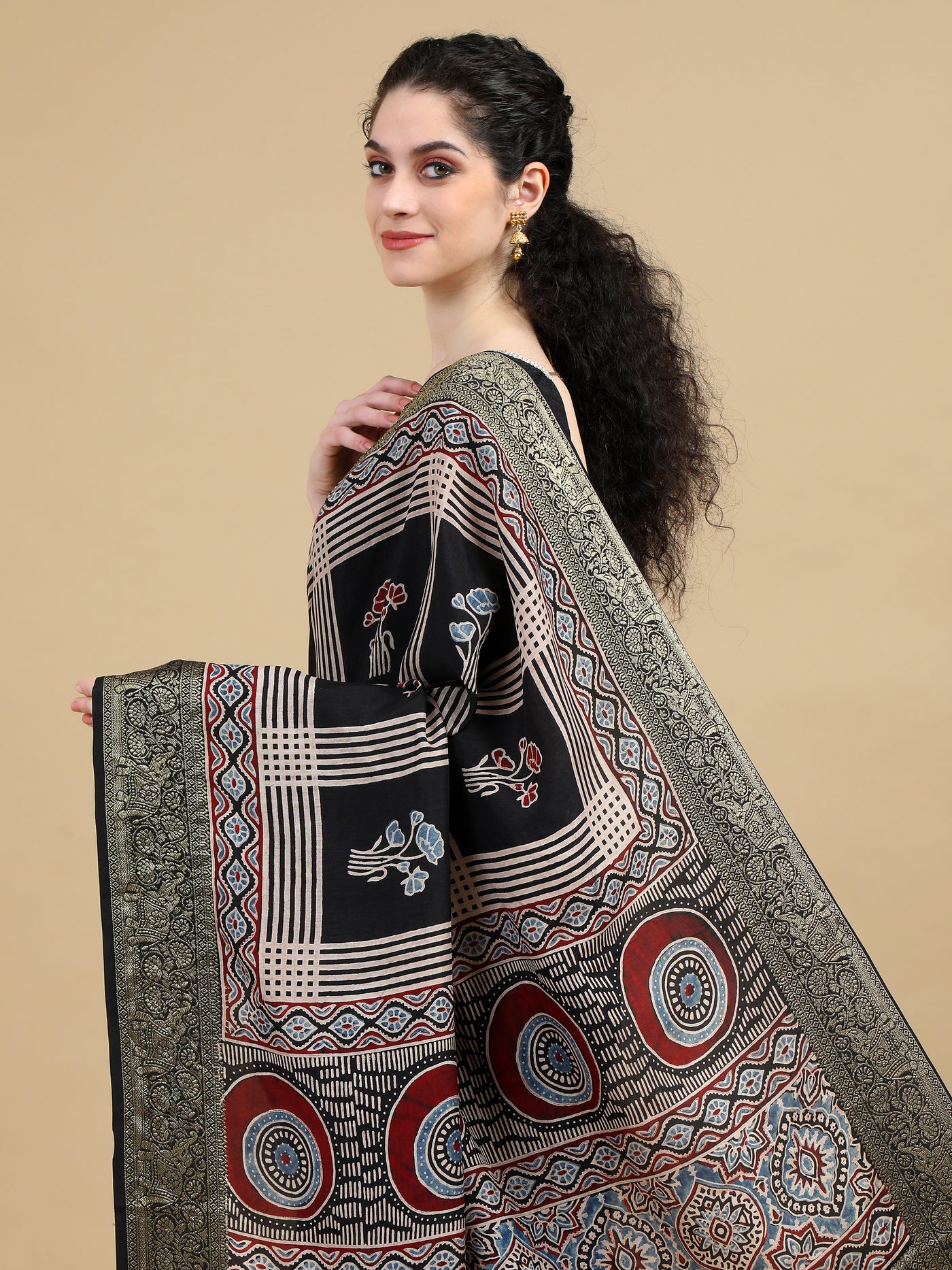 Ajrak Black Hand Block Printed Dola Silk Saree with Floral and Geometric patterns