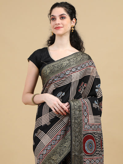 Ajrak Black Hand Block Printed Dola Silk Saree with Floral and Geometric patterns