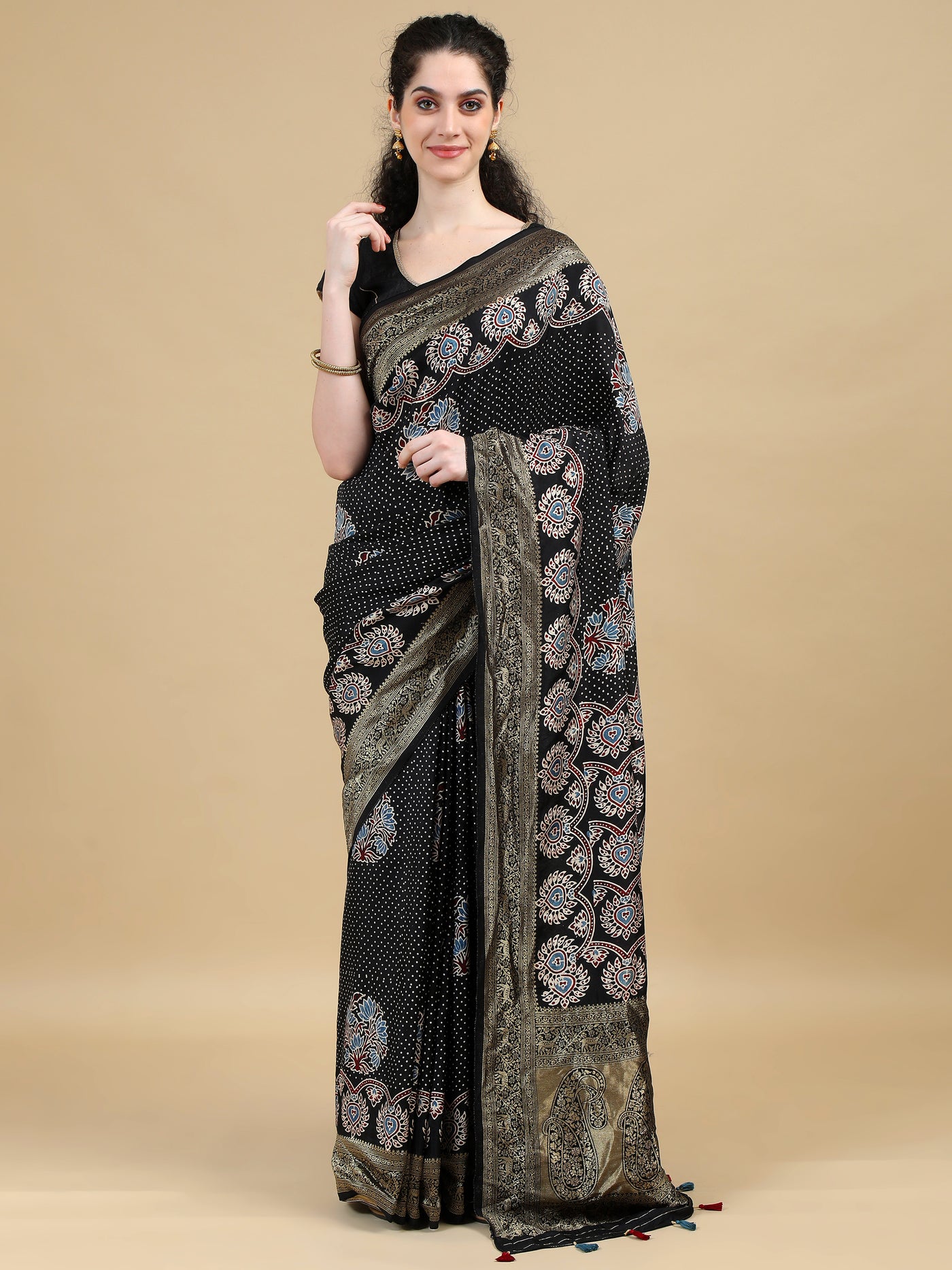 Ajrak Dola Silk Saree with Dotted Black Base, Floral Motifs, and Intricate Paisley Border