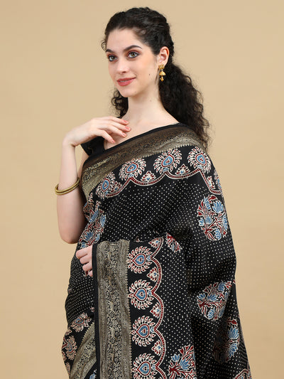 Ajrak Dola Silk Saree with Dotted Black Base, Floral Motifs, and Intricate Paisley Border